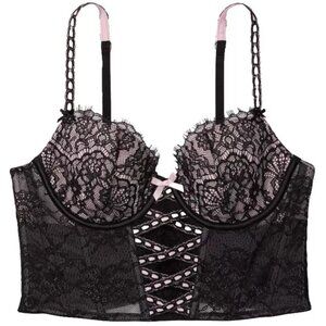 New! Victoria's Secret Black Pink Lace Ribbon Slot Corset Bra Top 22889